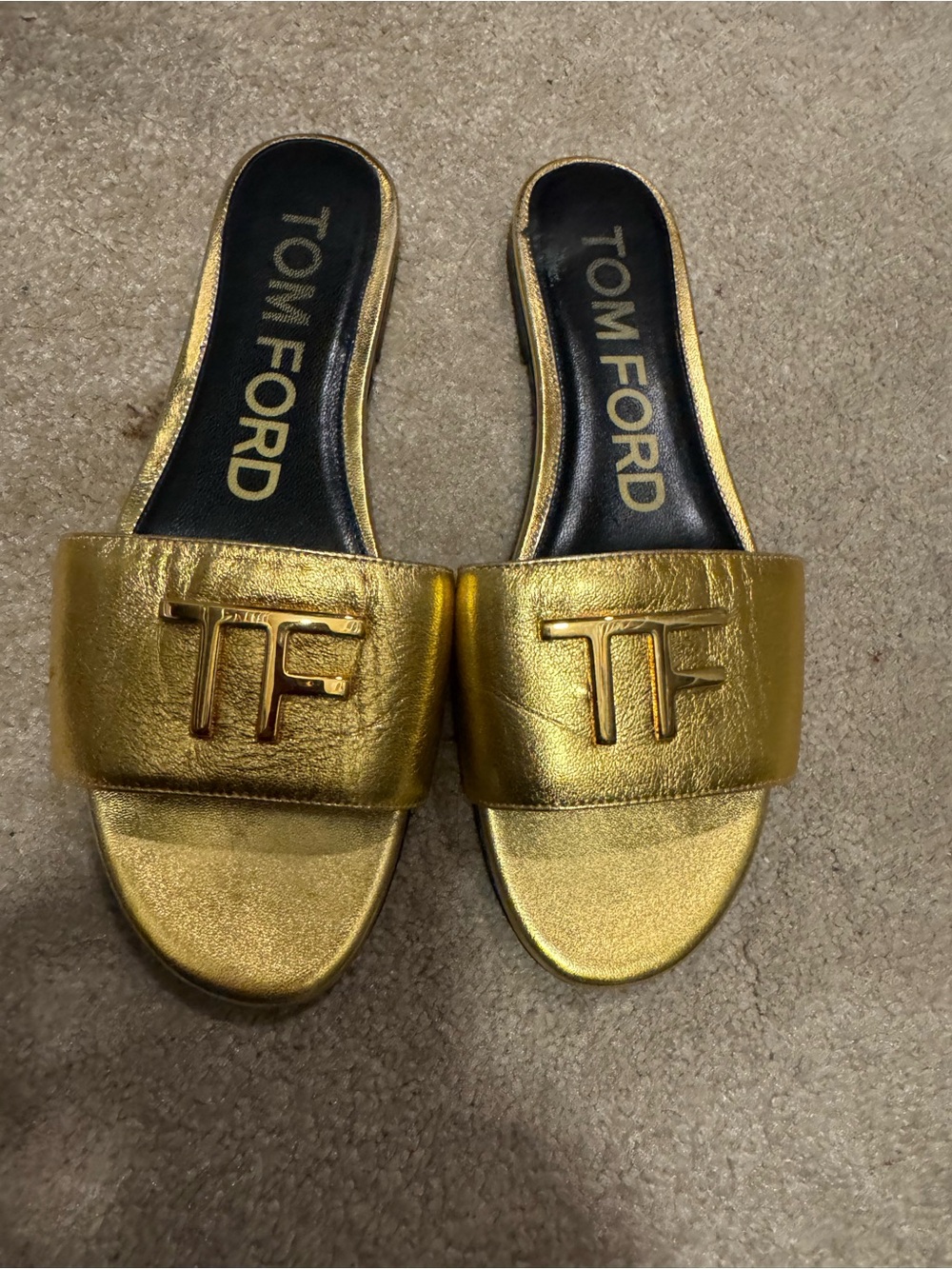 Tom Ford Metallic Gold TF Logo Slide Mules